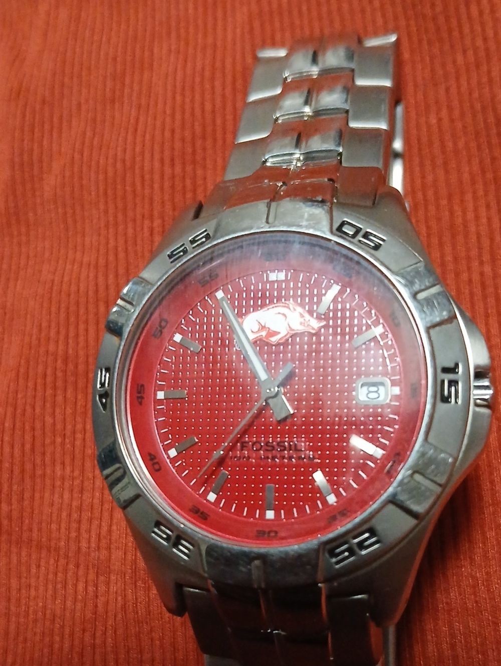 Arkansas Razorback Fossil Red Dial Stainless Steel Men's Watch